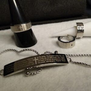 Lords Prayer 316L. S. Steel Bracelet, Ring & Ear Ring Set